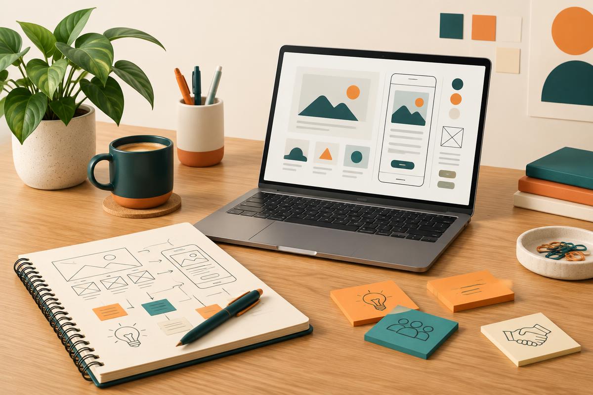 Arbeidsplass med skisser, notater og design for en ny digital løsning