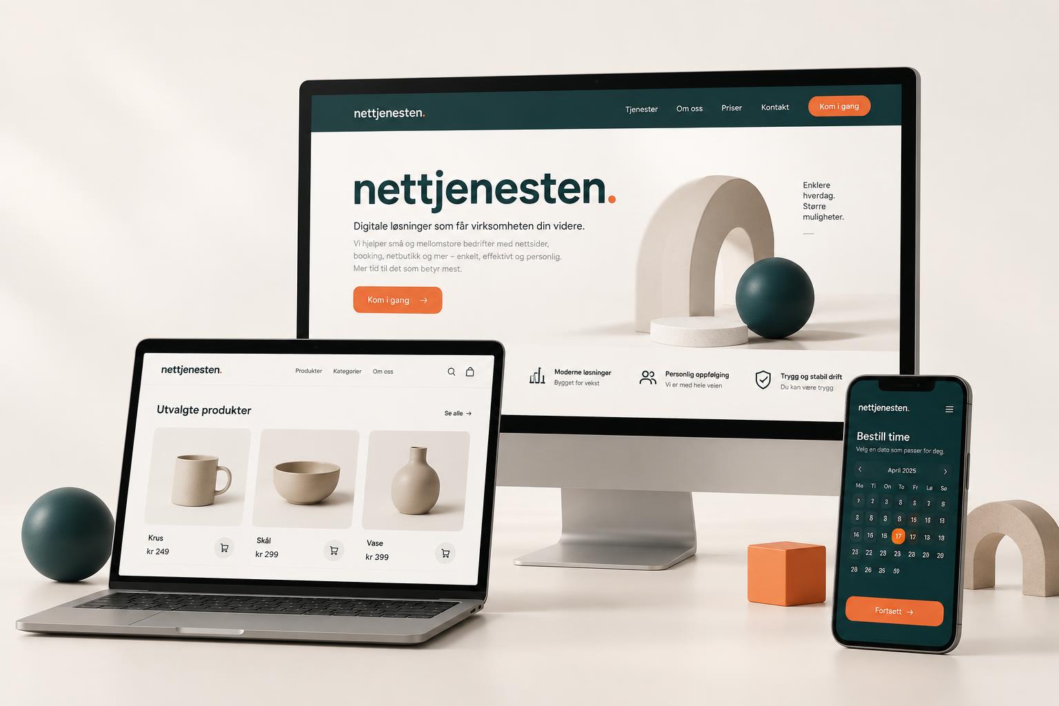3D-presentasjon av nettside, nettbutikk og booking på datamaskin, laptop og mobil